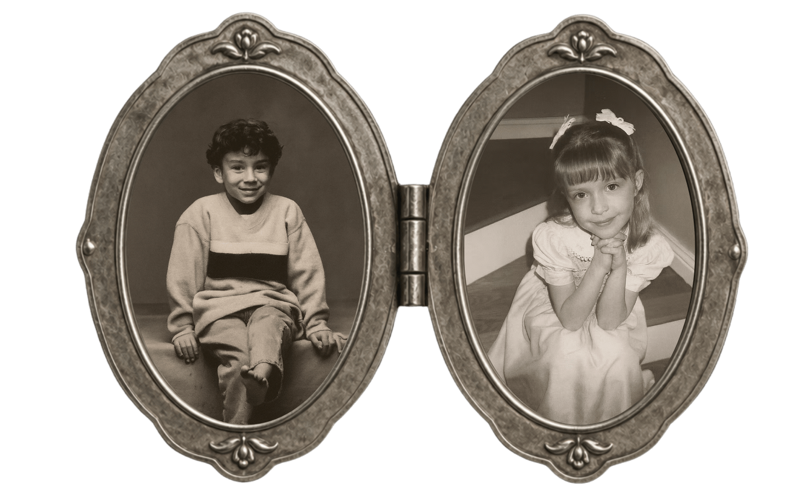 Childhood photos of Sophia and Brendan in a silver locket